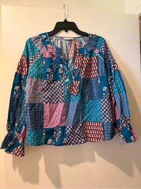 Boteh Patchwork Print Peasant Top - Blue Teal